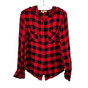 Tramp Women’s Button Down Red/Black Check Hooded Shirt M Pockets